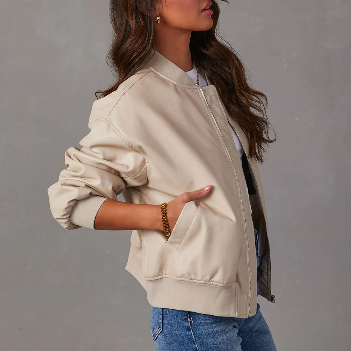 Women's Oversized Zip-Up Bomber Jacket with Ribbed Trim