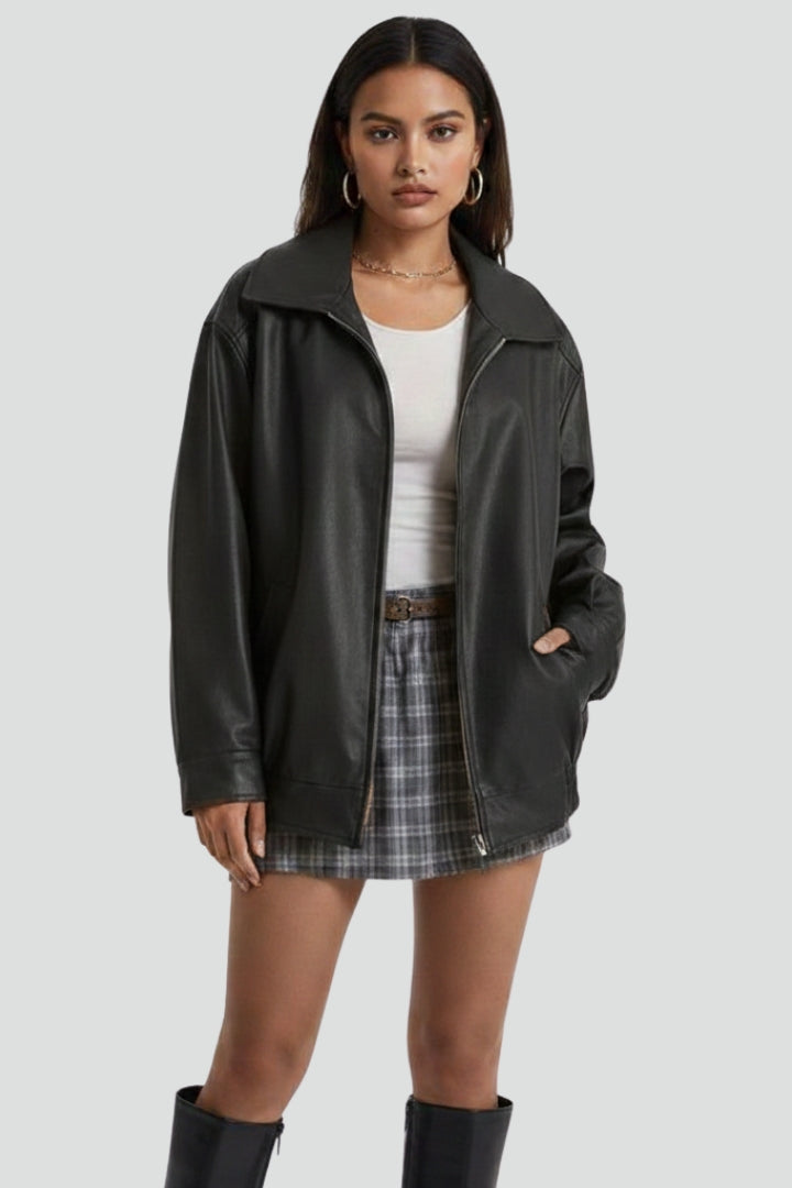 Women's Faux Leather Collared Zip Jacket