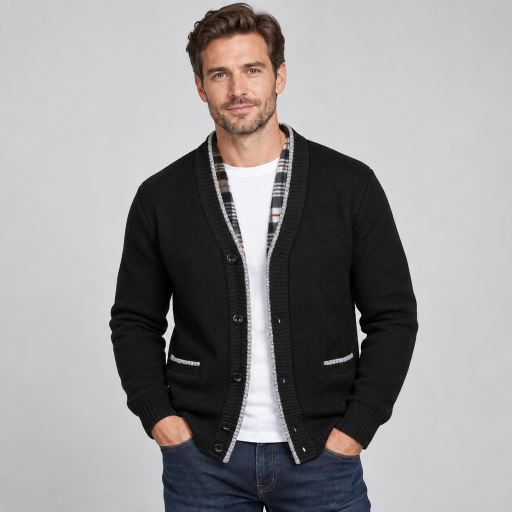 Men's Shawl Collar Knit Cardigan with Plaid Fleece Lining