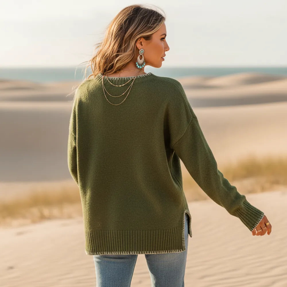 Women’s Blanket Stitch Trim Knit Sweater with Side Slits