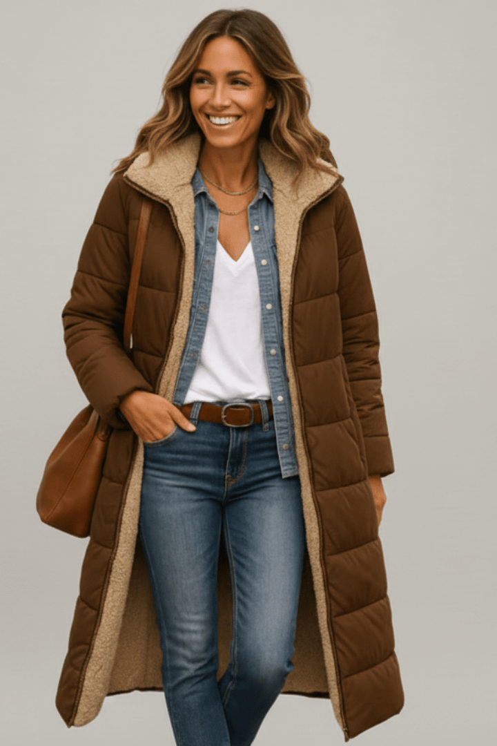 Women's Longline Puffer Coat with Sherpa Lining