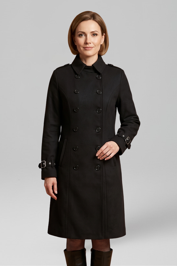 Women's Double-Breasted Military Coat with Buckle Cuffs