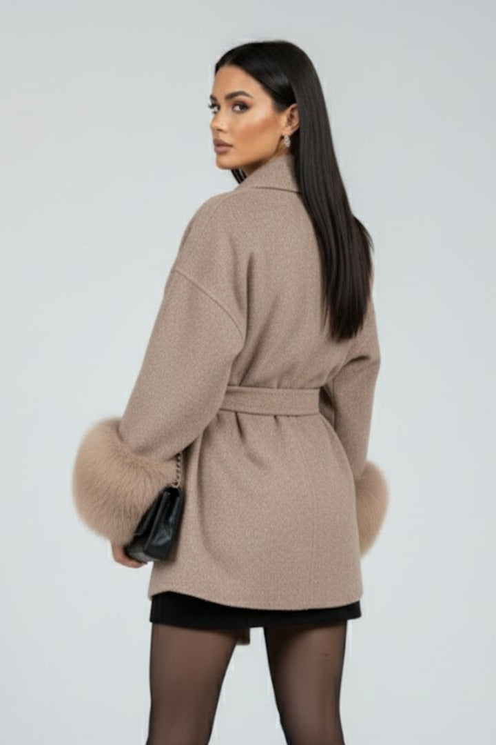 Women's Belted Wrap Coat with Faux Fur Cuffs
