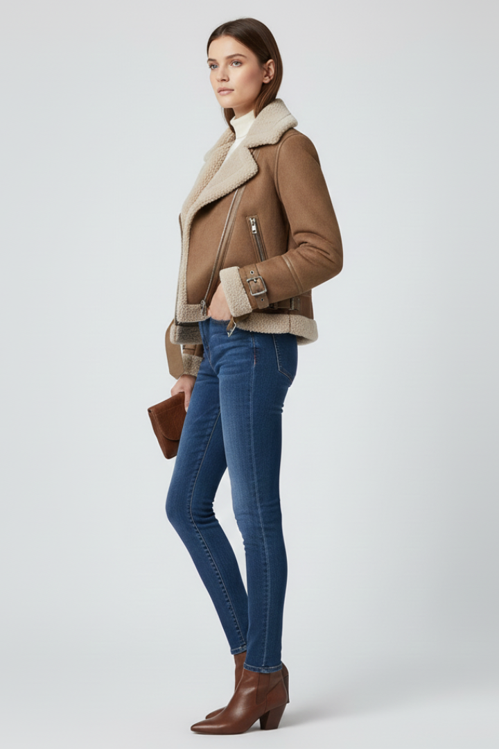 Women's Faux Shearling Aviator Jacket with Buckle Details