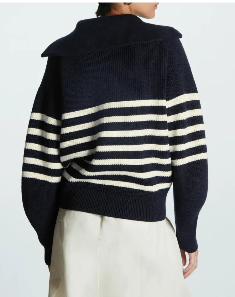 Women's Striped Half-Zip Knit Sweater with Collar