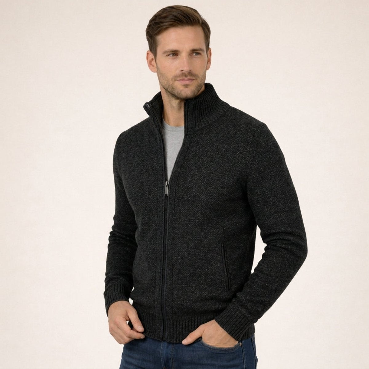 Men's Full-Zip Knit Cardigan Sweater with Stand Collar