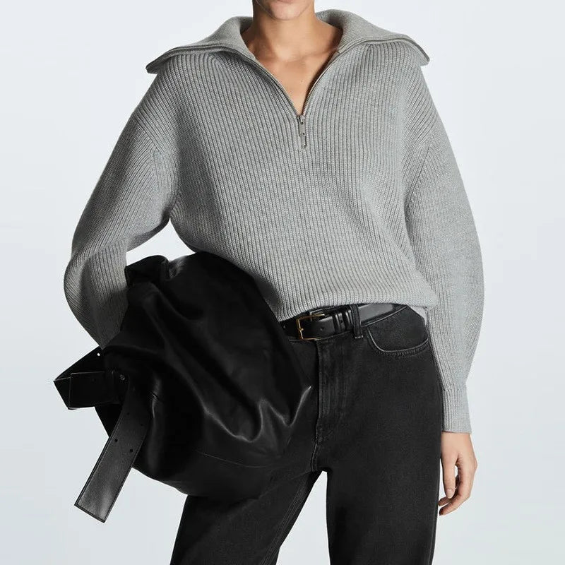 Women's Striped Half-Zip Knit Sweater with Collar