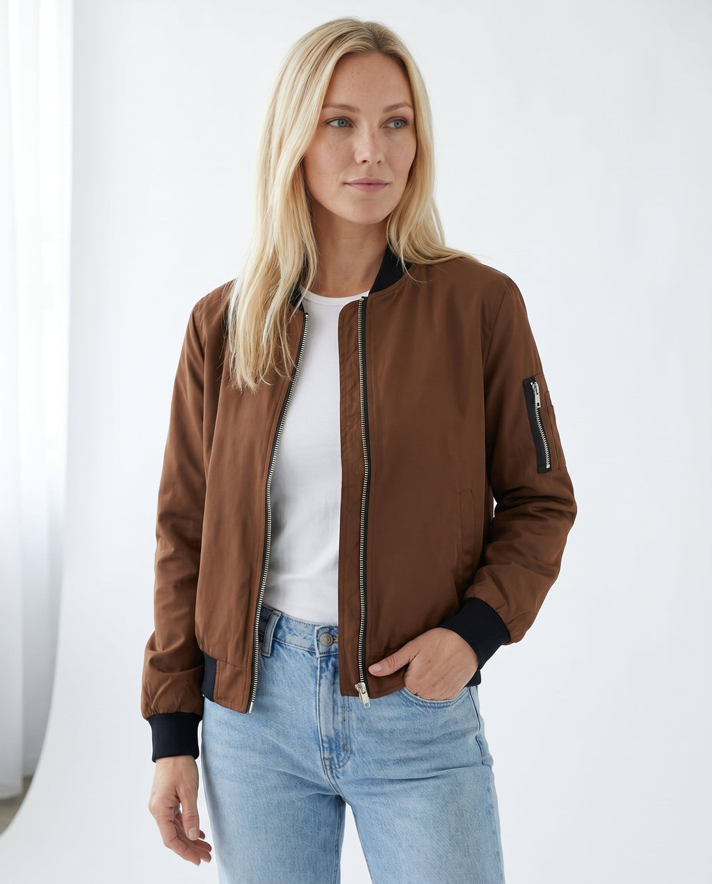Women's Classic Bomber Jacket with Sleeve Zip Pocket