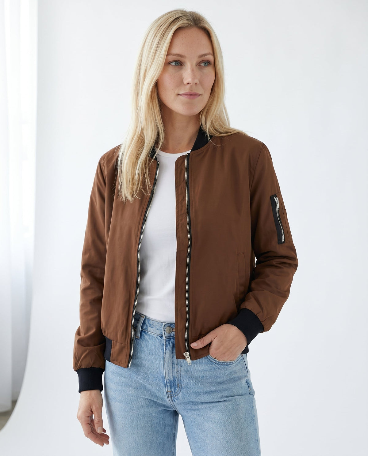 Women's Classic Bomber Jacket with Sleeve Zip Pocket