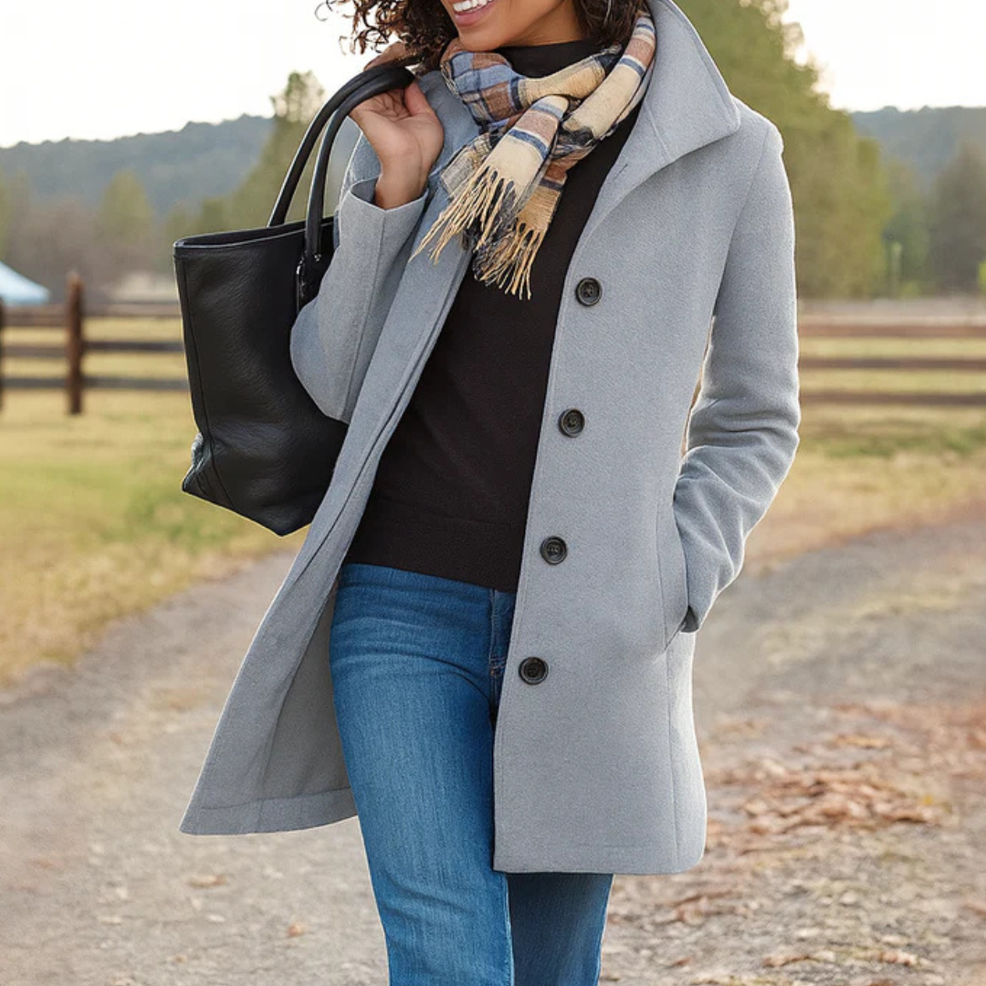 Women's Button-Front Wool-Look Coat with Notch Collar