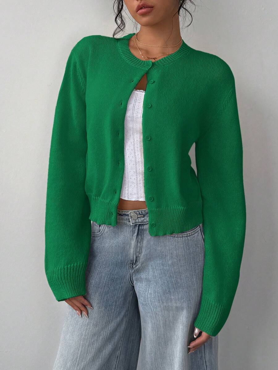 Women's Cropped Round Neck Button-Up Knit Cardigan