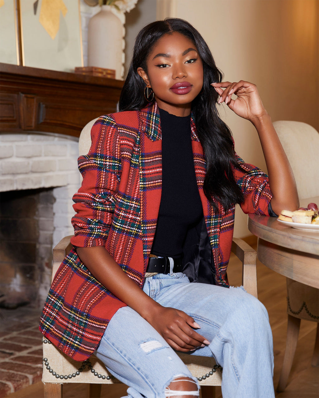Women's Tartan Plaid Single-Button Blazer