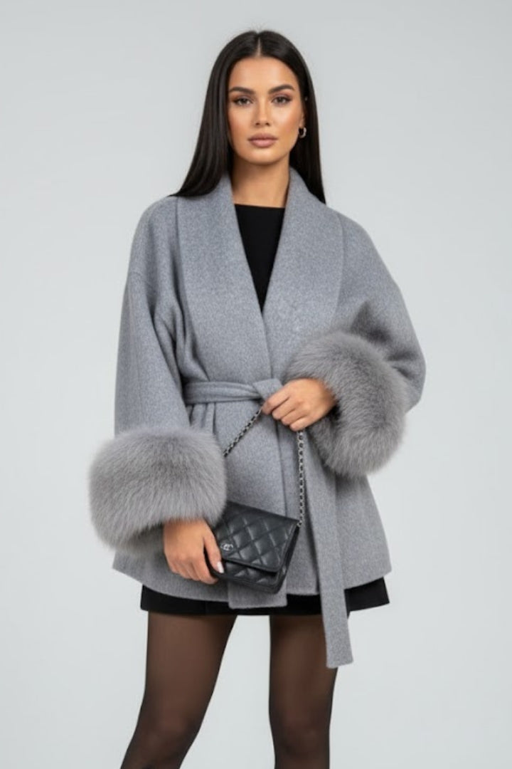 Women's Belted Wrap Coat with Faux Fur Cuffs