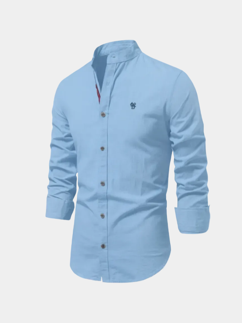 Men's Band Collar Long Sleeve Shirt with Embroidered Detail