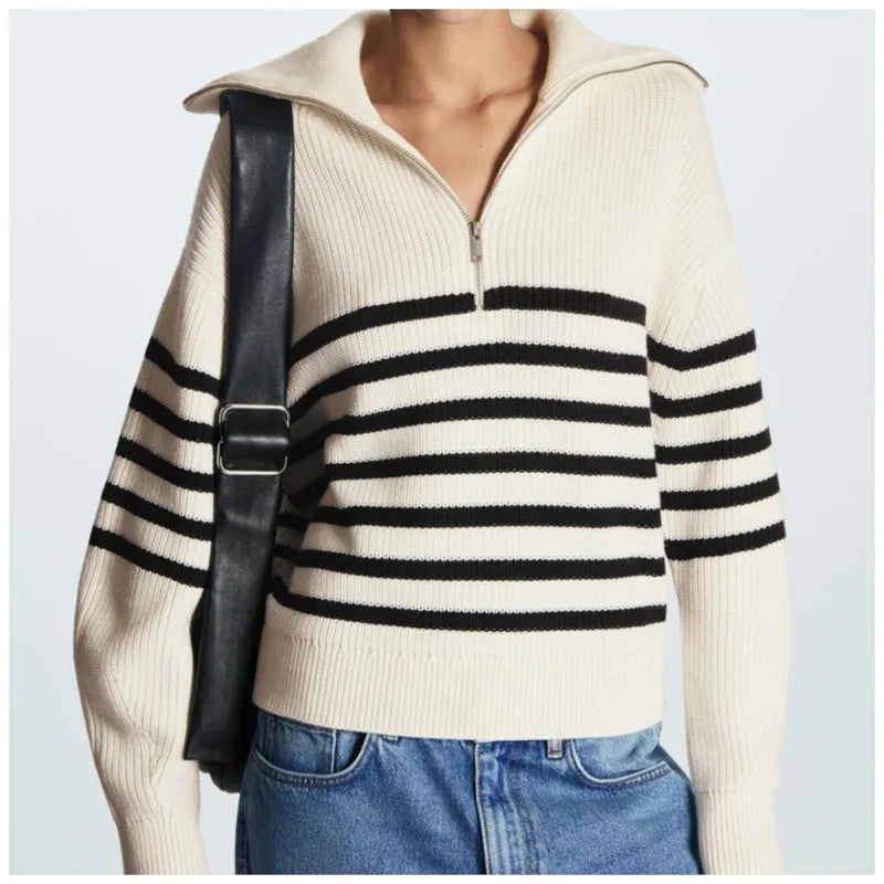 Women's Striped Half-Zip Knit Sweater with Collar
