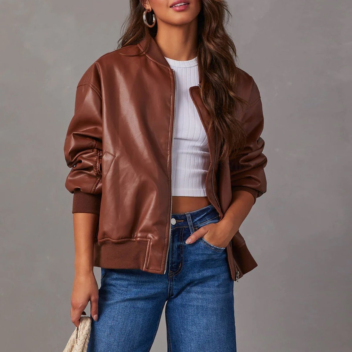 Women's Oversized Zip-Up Bomber Jacket with Ribbed Trim