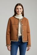 Women's Collarless Faux Suede Jacket with Faux Shearling Trim