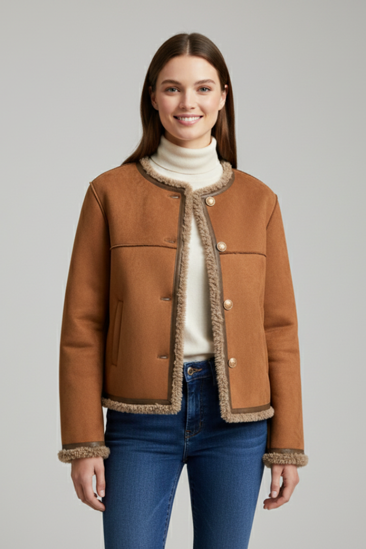 Women's Collarless Faux Suede Jacket with Faux Shearling Trim