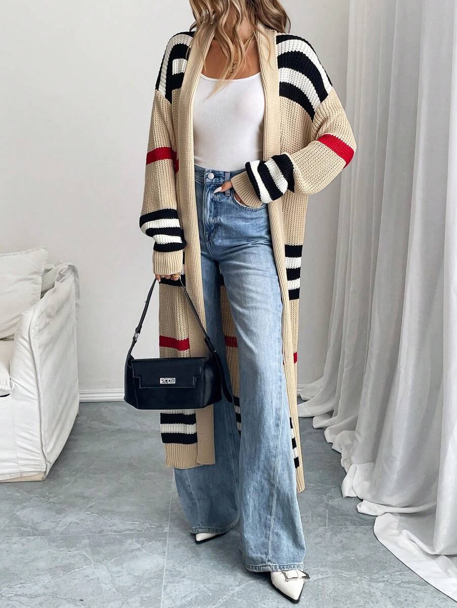Women's Longline Striped Open-Front Knit Cardigan