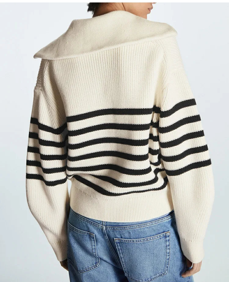 Women's Striped Half-Zip Knit Sweater with Collar