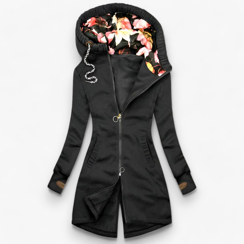 Women's Longline Hooded Zip Jacket with Floral Lined Hood