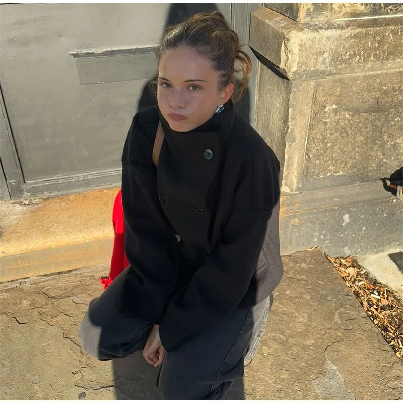 Women's Oversized Funnel Neck Double-Breasted Short Coat