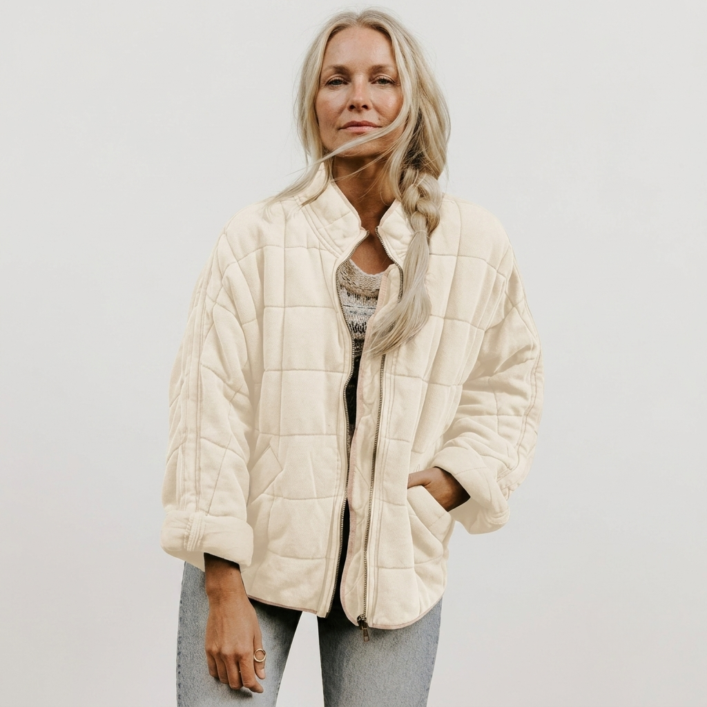 Women's Oversized Grid Quilted Zip Jacket with Stand Collar