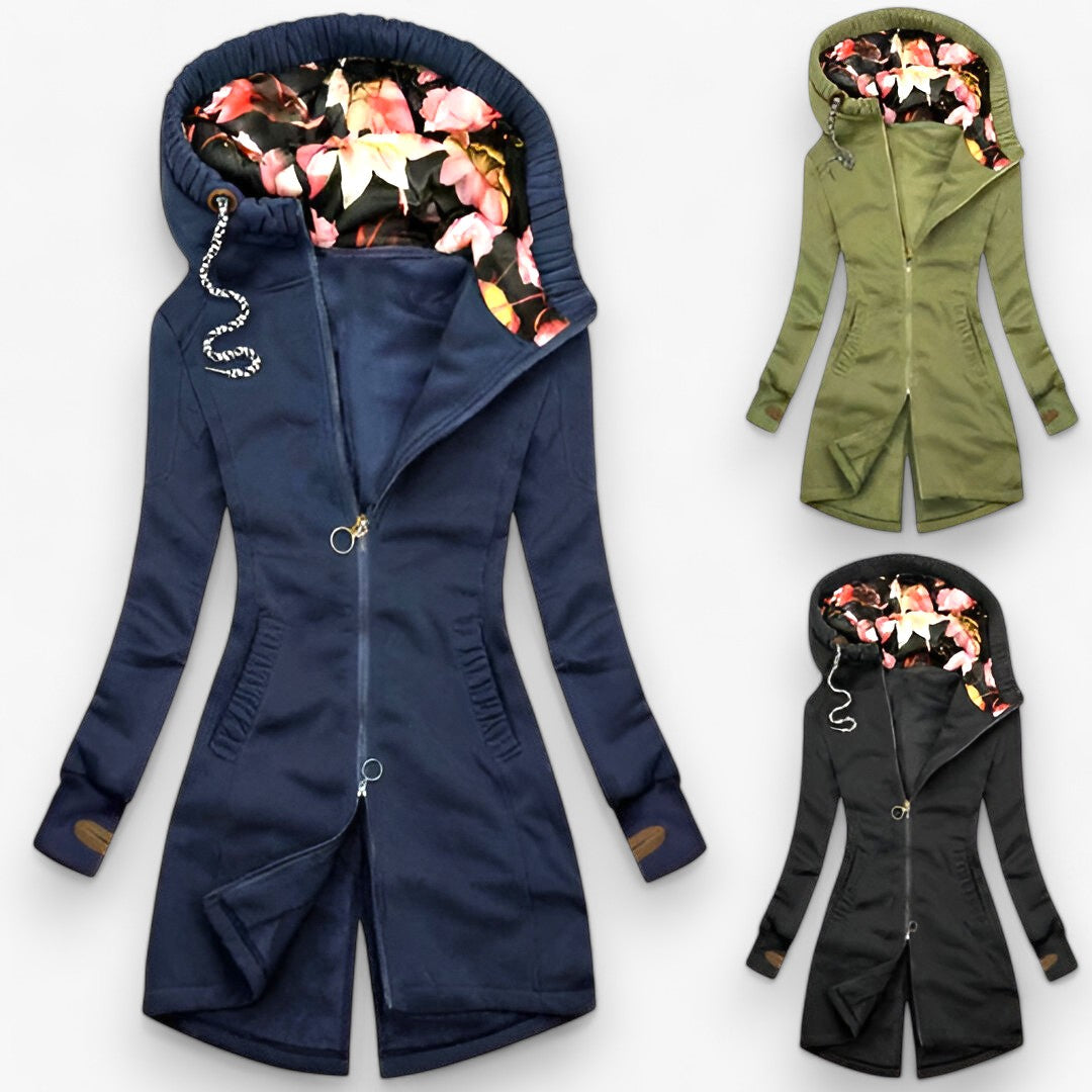Women's Longline Hooded Zip Jacket with Floral Lined Hood