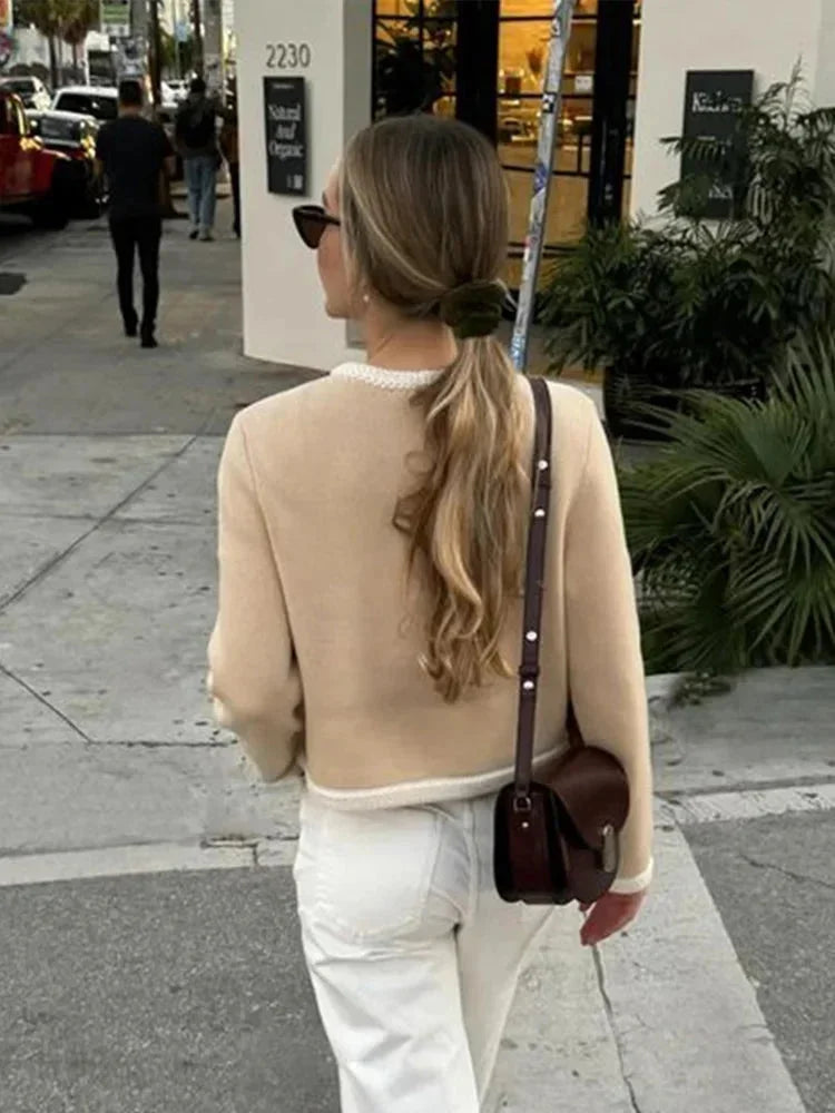 Women's Cropped Tweed-Style Jacket with Contrast Trim