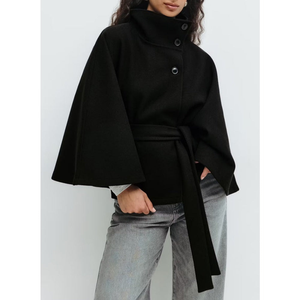 Women's Belted Cape Coat with High Funnel Collar