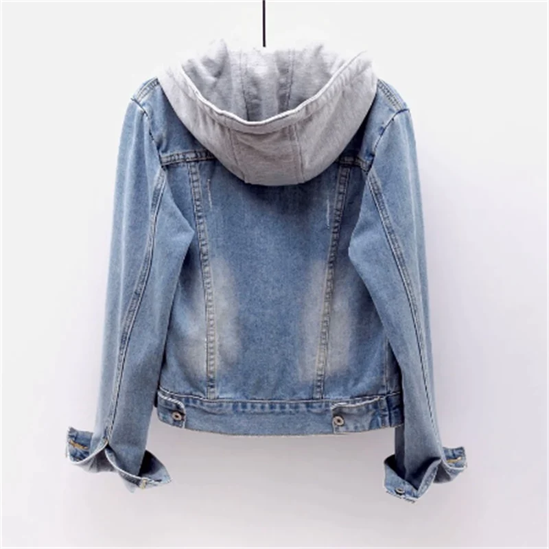 Women's Cropped Denim Jacket with Jersey Hood