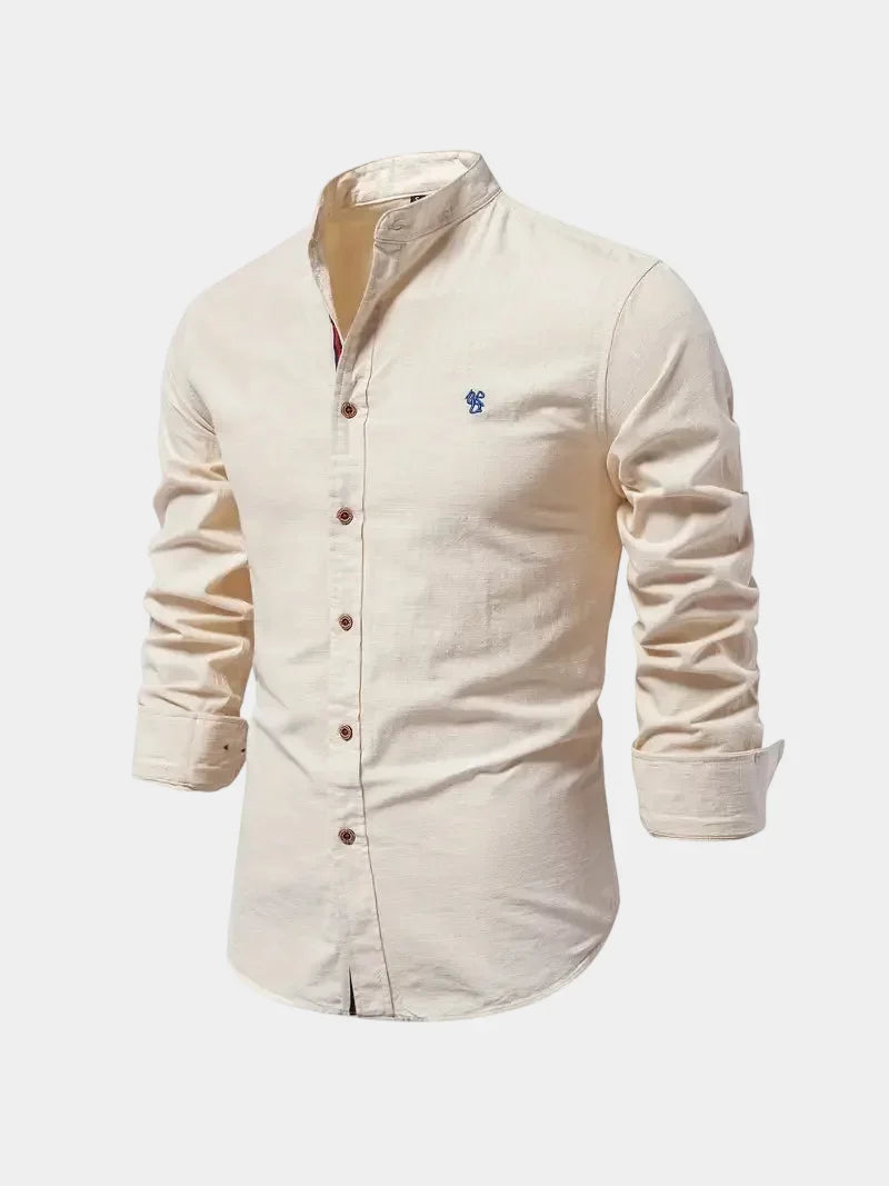 Men's Band Collar Long Sleeve Shirt with Embroidered Detail