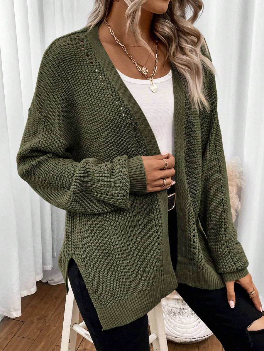Women's Pointelle Knit Open Front Cardigan with Side Slits