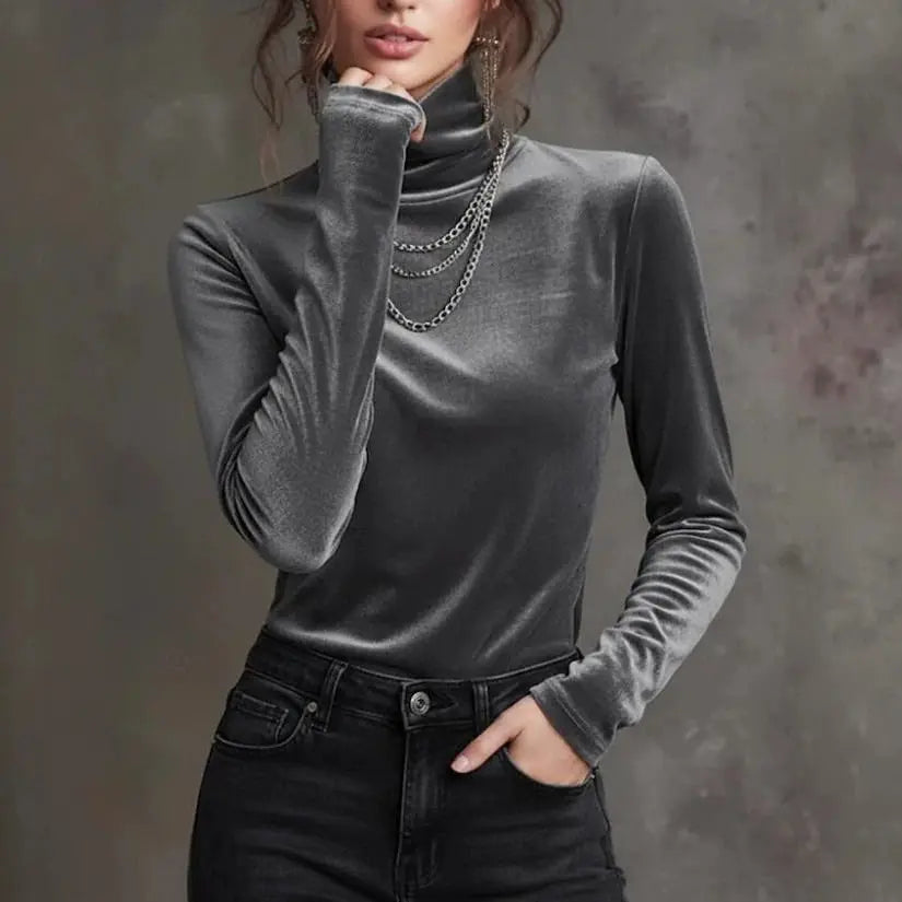 Women's Fitted Velvet Turtleneck Top