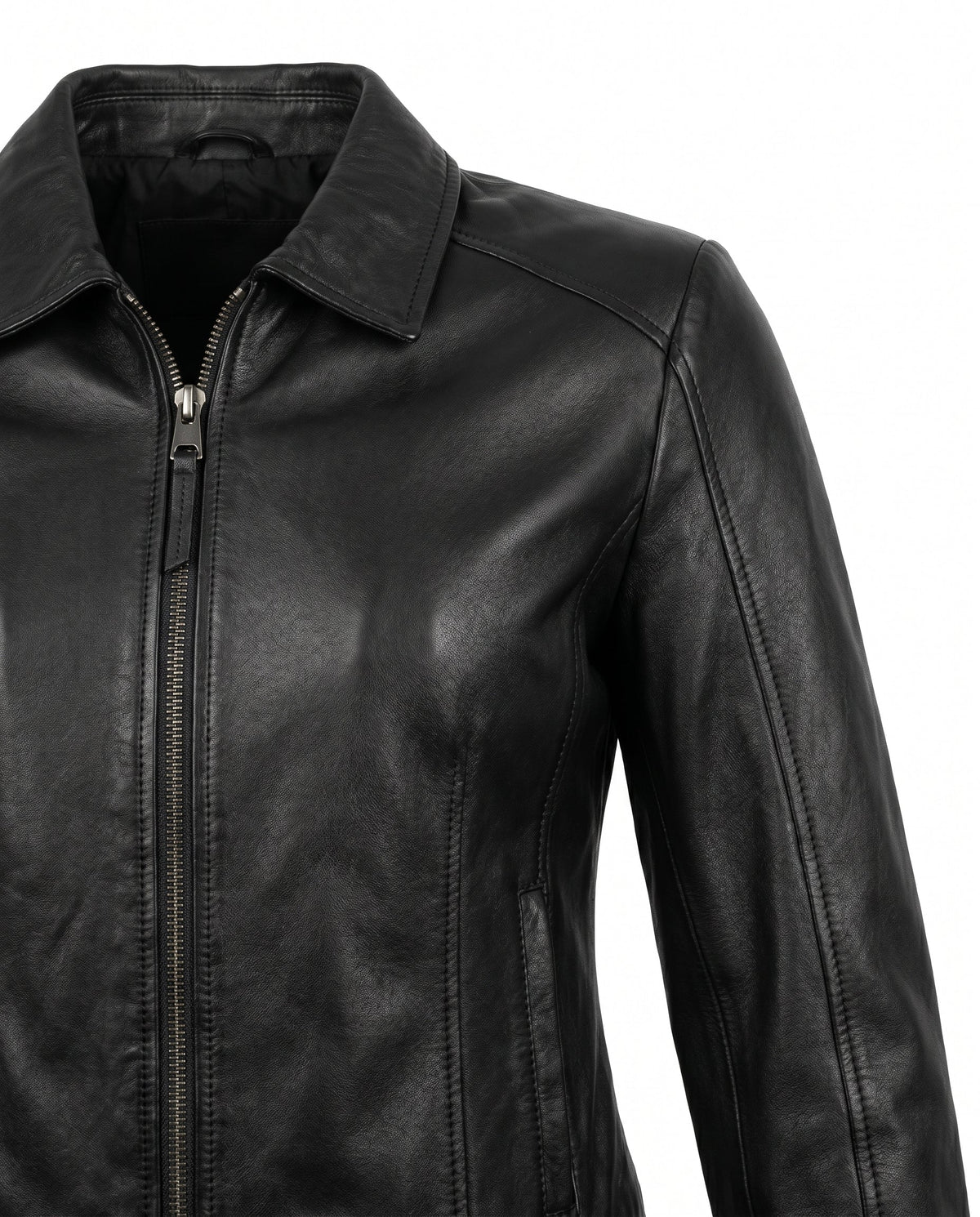 Women's Faux Leather Racer Jacket with Band Collar