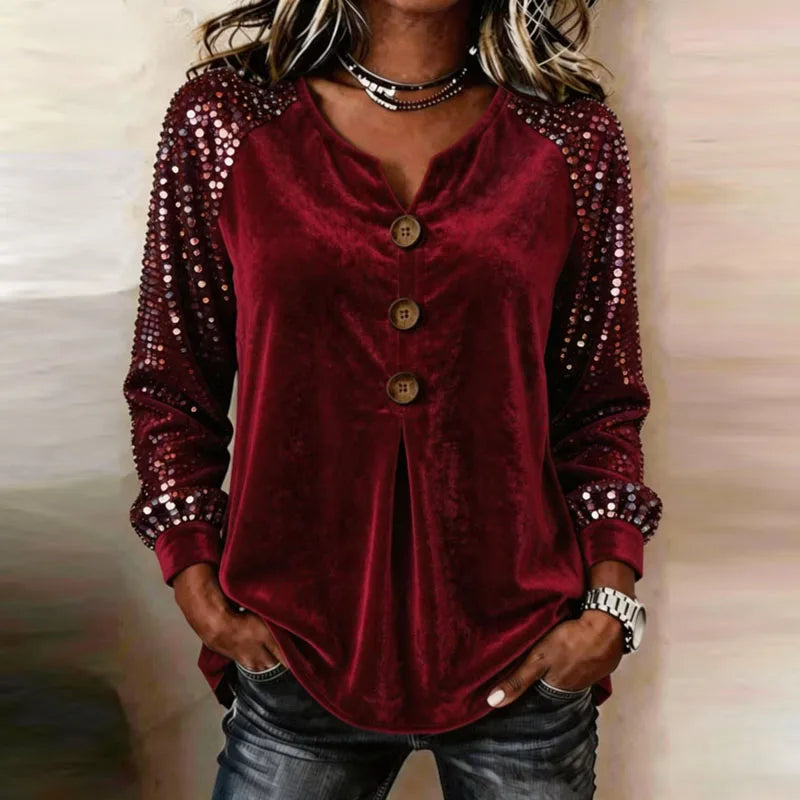 Women's Velvet Button-Front Top with Sequin Sleeves
