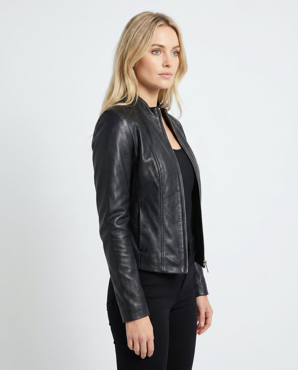 Women's Faux Leather Racer Jacket with Band Collar