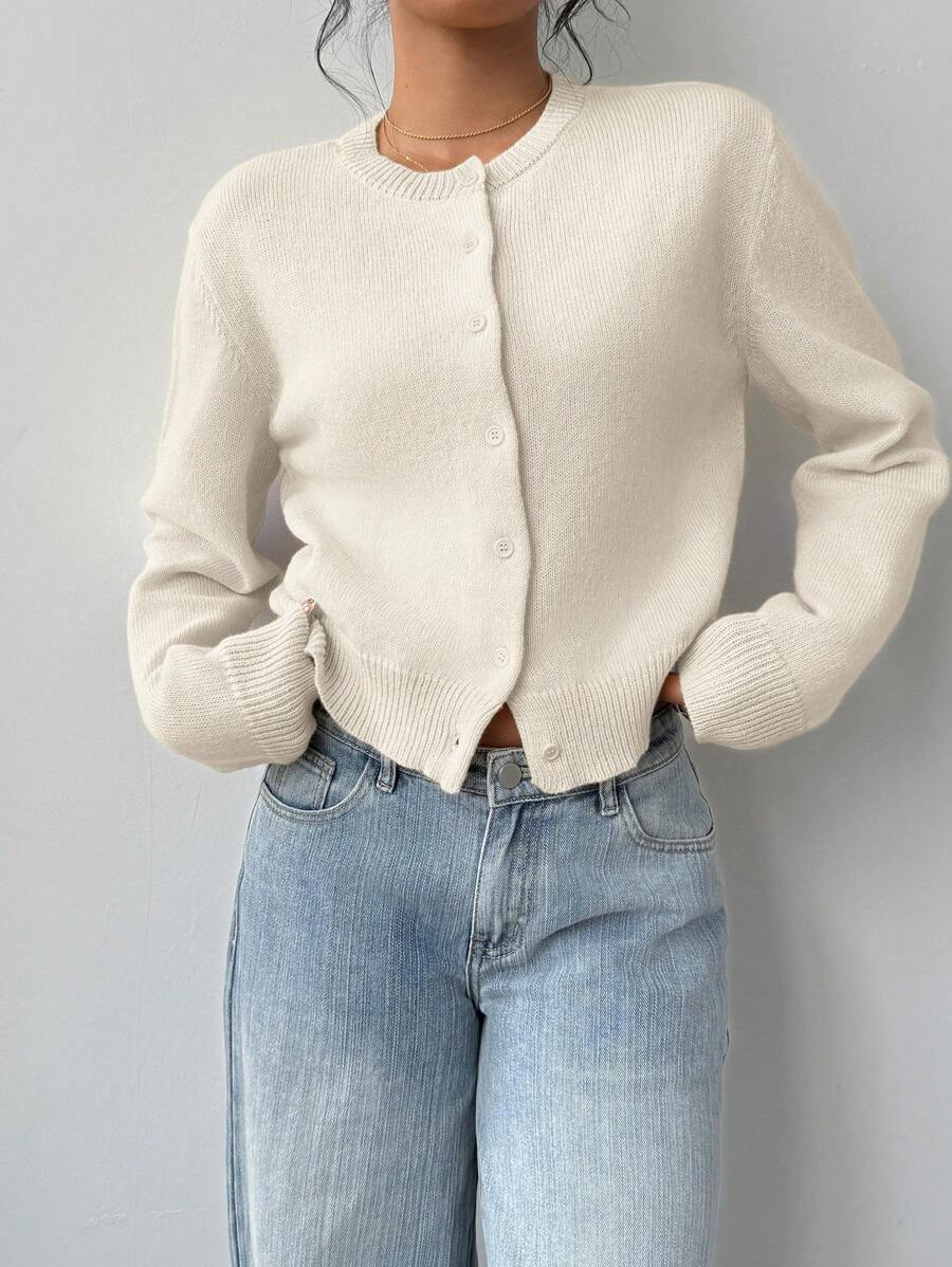 Women's Cropped Round Neck Button-Up Knit Cardigan