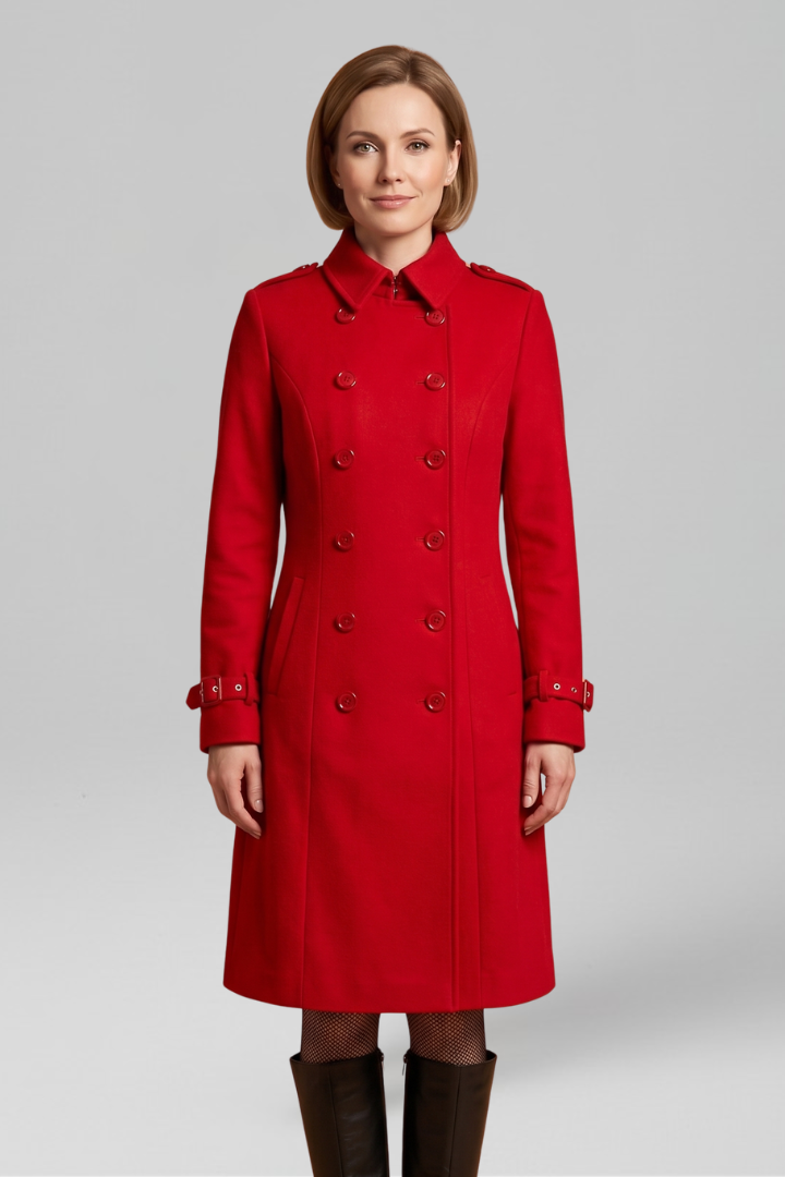 Women's Double-Breasted Military Coat with Buckle Cuffs