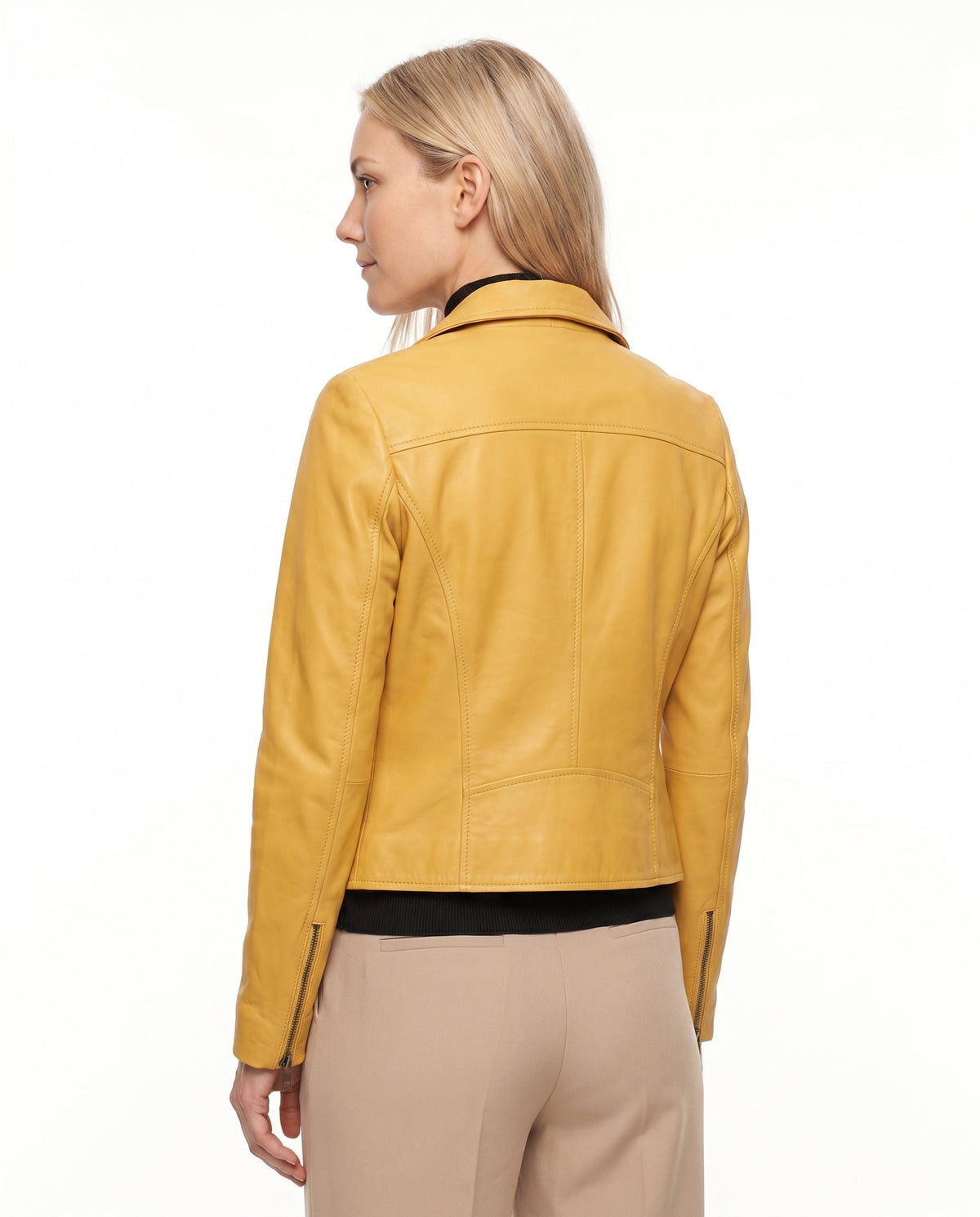 Women's Faux Leather Racer Jacket with Band Collar