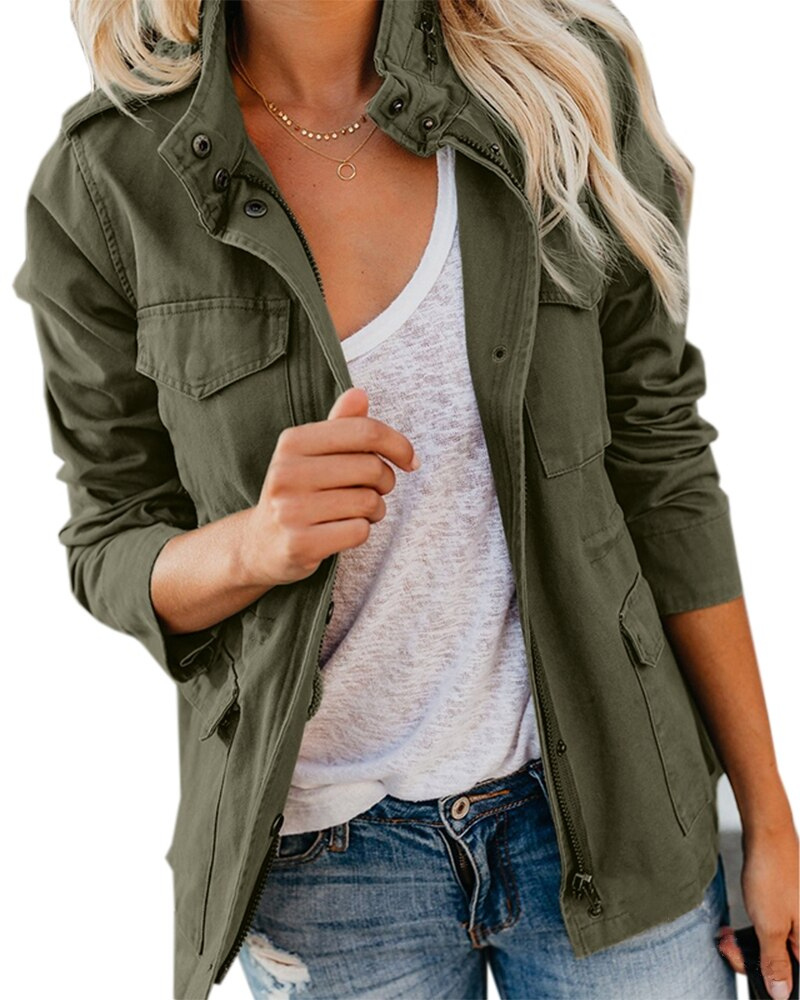 Women's Cinched Waist Utility Jacket with Flap Pockets