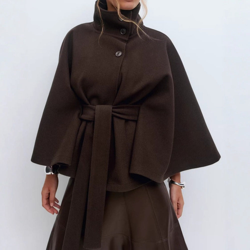 Women's Belted Cape Coat with High Funnel Collar