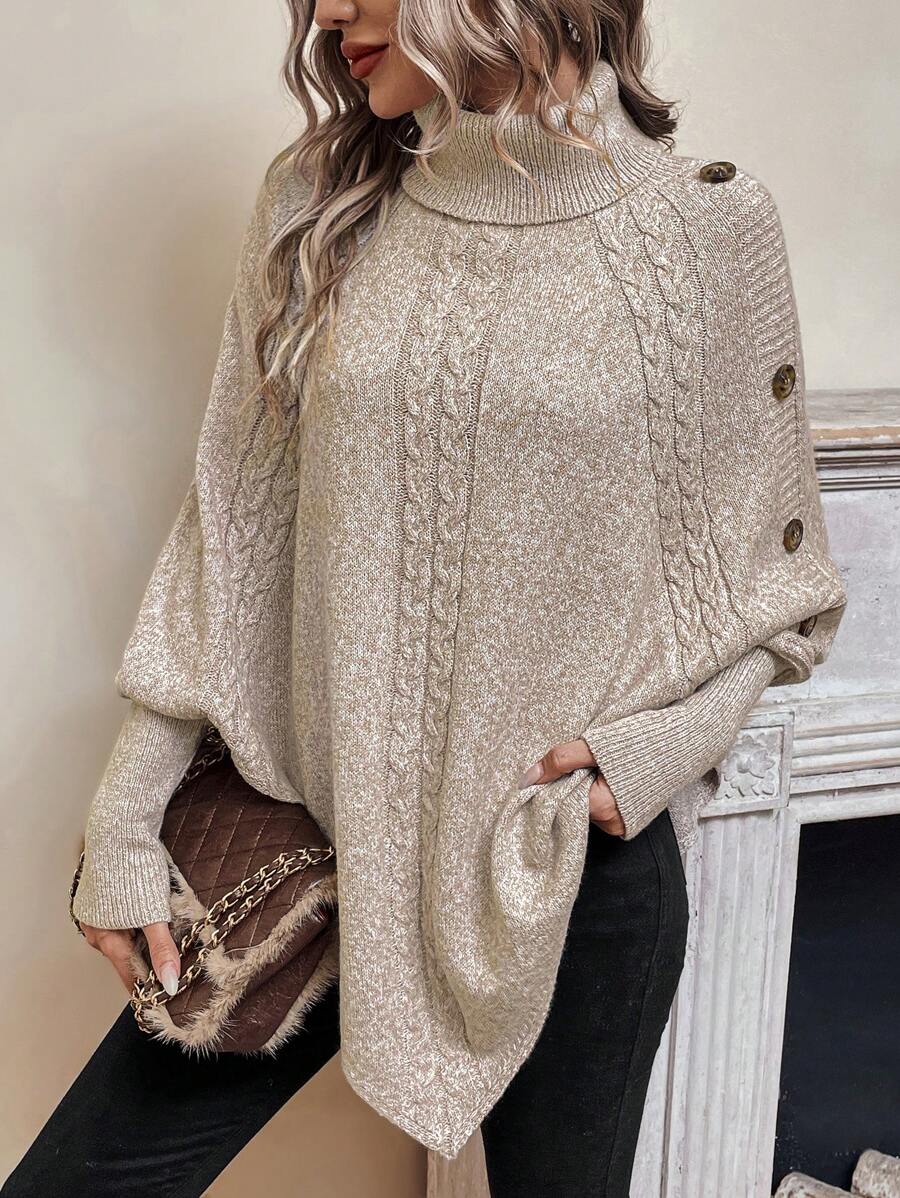Women's Cable Knit Poncho Sweater with Button Detail