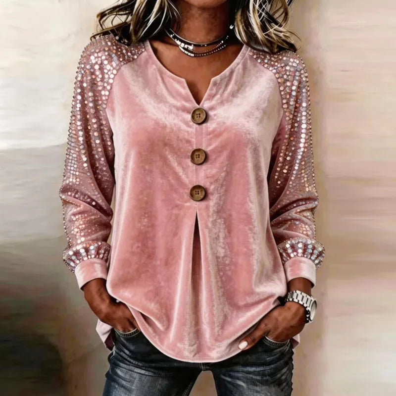 Women's Velvet Button-Front Top with Sequin Sleeves
