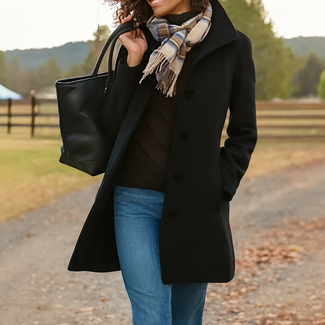 Women's Button-Front Wool-Look Coat with Notch Collar