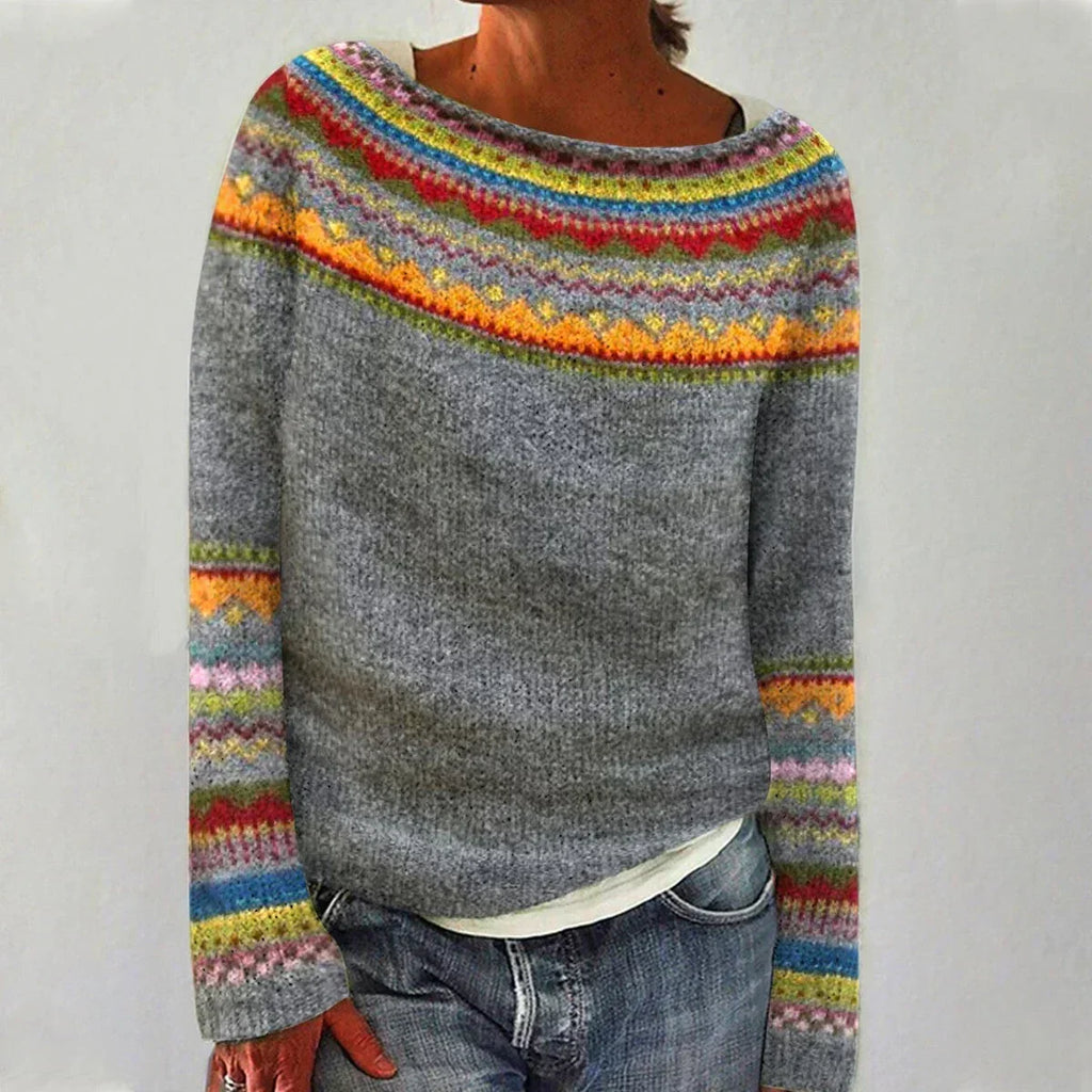 Women's Fair Isle Boat Neck Patterned Knit Sweater