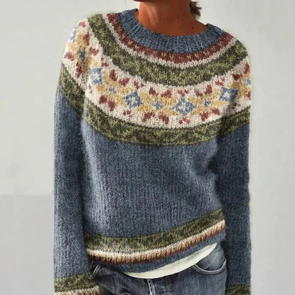 Women's Fair Isle Yoke Knit Sweater with Patterned Sleeves