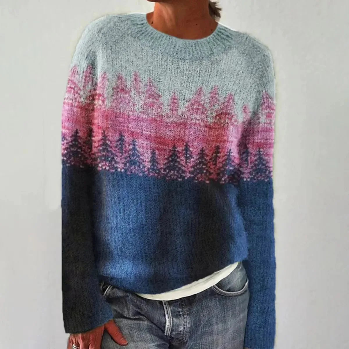 Women's Fair Isle Yoke Knit Sweater with Patterned Sleeves