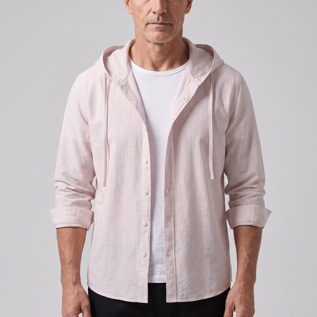 Men’s Pinstripe Hooded Shirt with Button Front
