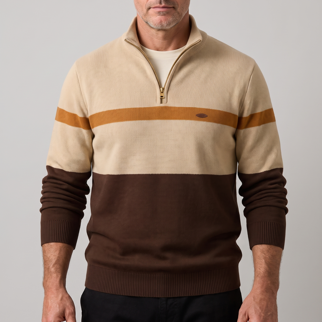 Men’s Colour Block Quarter-Zip Knit Sweater with Stripe Detail